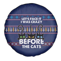 Crazy Cat Lover Spare Tire Cover with Black Cats and Funny Quote in Blue Holiday Knit Pattern Design - Wonder Print Shop
