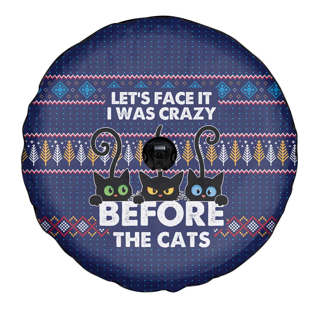 Crazy Cat Lover Spare Tire Cover with Black Cats and Funny Quote in Blue Holiday Knit Pattern Design - Wonder Print Shop