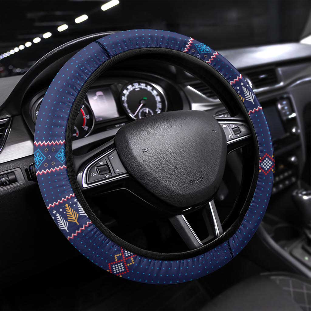 Crazy Cat Lover Steering Wheel Cover with Black Cats and Funny Quote in Blue Holiday Knit Pattern Design - Wonder Print Shop