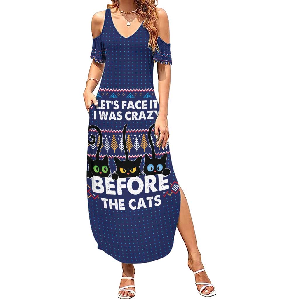 Crazy Cat Lover Summer Maxi Dress with Black Cats and Funny Quote in Blue Holiday Knit Pattern Design - Wonder Print Shop