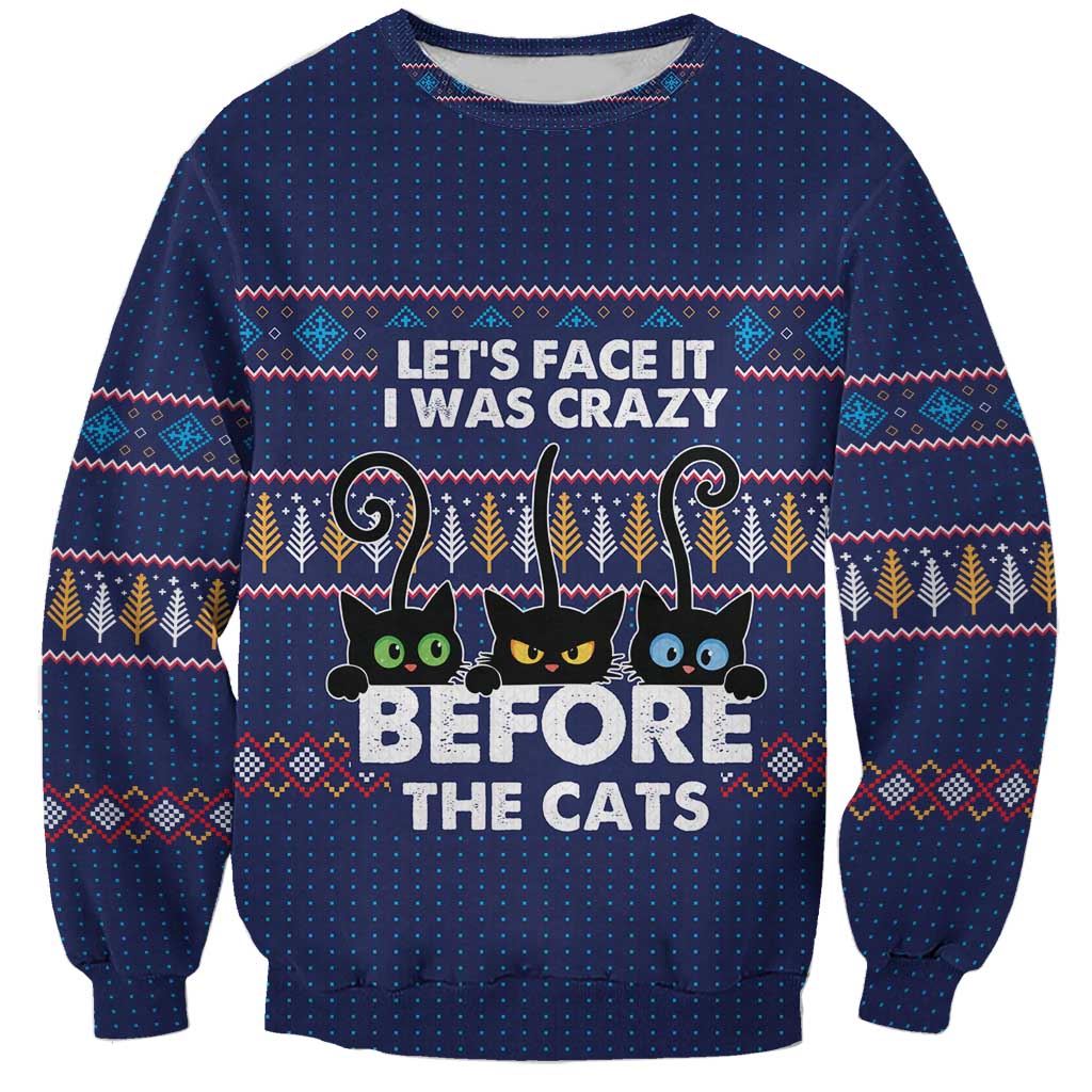 Crazy Cat Lover Sweatshirt with Black Cats and Funny Quote in Blue Holiday Knit Pattern Design - Wonder Print Shop