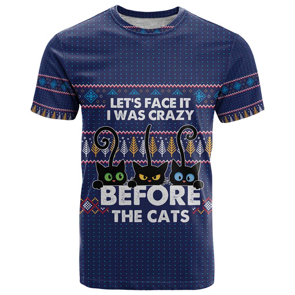Crazy Cat Lover T Shirt with Black Cats and Funny Quote in Blue Holiday Knit Pattern Design - Wonder Print Shop