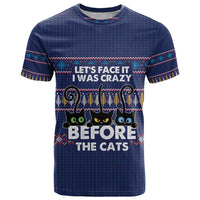 Crazy Cat Lover T Shirt with Black Cats and Funny Quote in Blue Holiday Knit Pattern Design - Wonder Print Shop