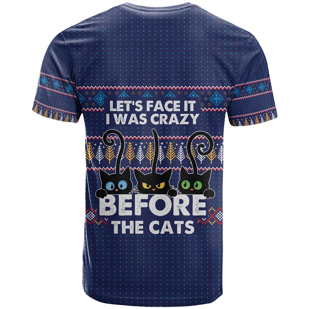 Crazy Cat Lover T Shirt with Black Cats and Funny Quote in Blue Holiday Knit Pattern Design - Wonder Print Shop