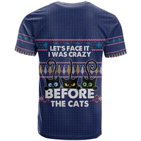 Crazy Cat Lover T Shirt with Black Cats and Funny Quote in Blue Holiday Knit Pattern Design - Wonder Print Shop