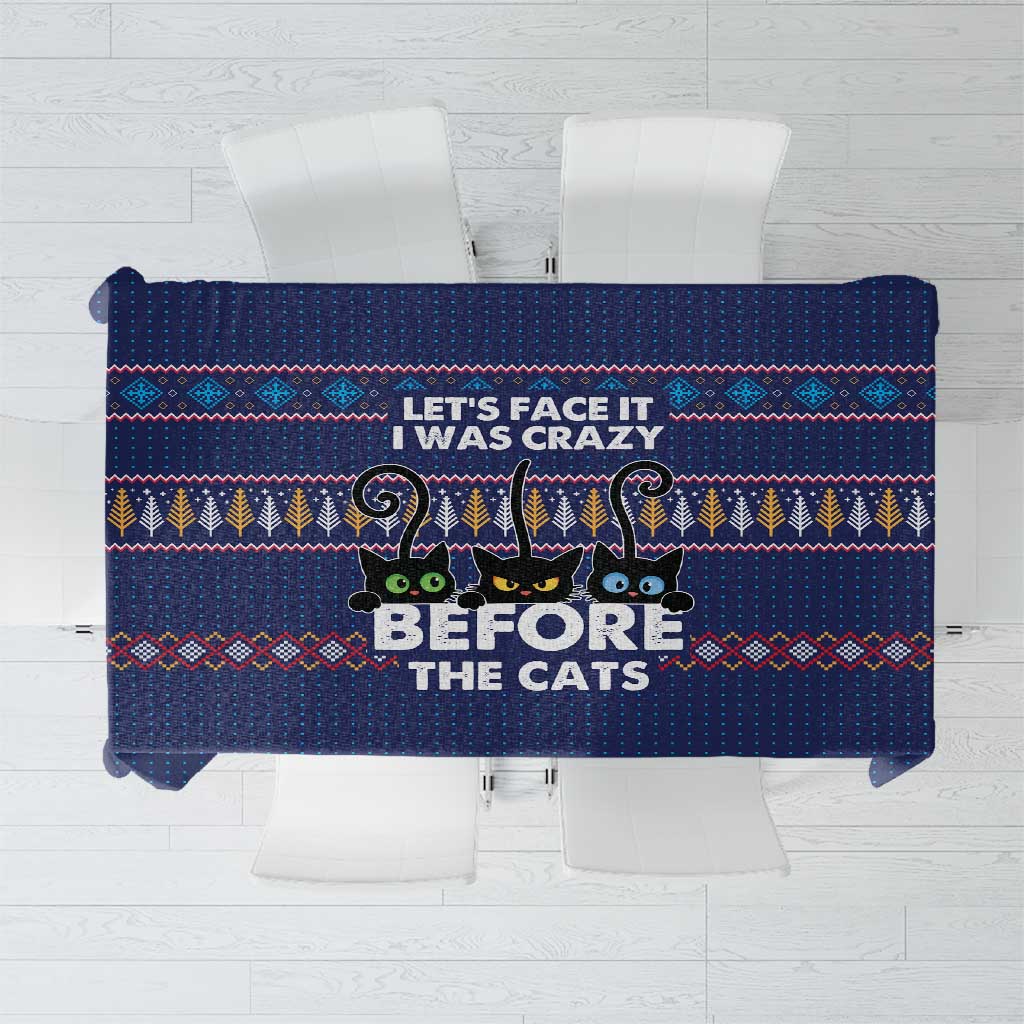 Crazy Cat Lover Tablecloth with Black Cats and Funny Quote in Blue Holiday Knit Pattern Design - Wonder Print Shop