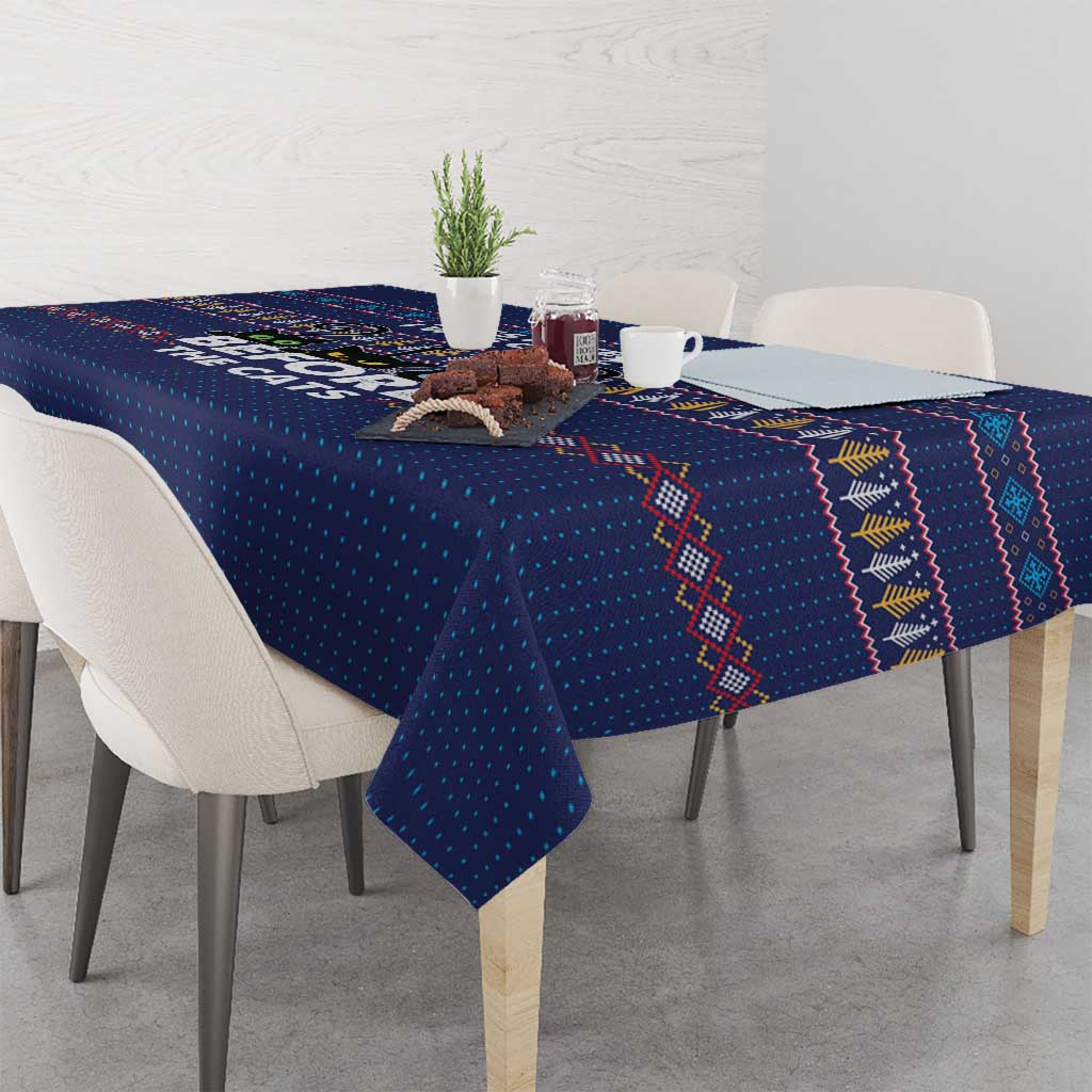 Crazy Cat Lover Tablecloth with Black Cats and Funny Quote in Blue Holiday Knit Pattern Design - Wonder Print Shop