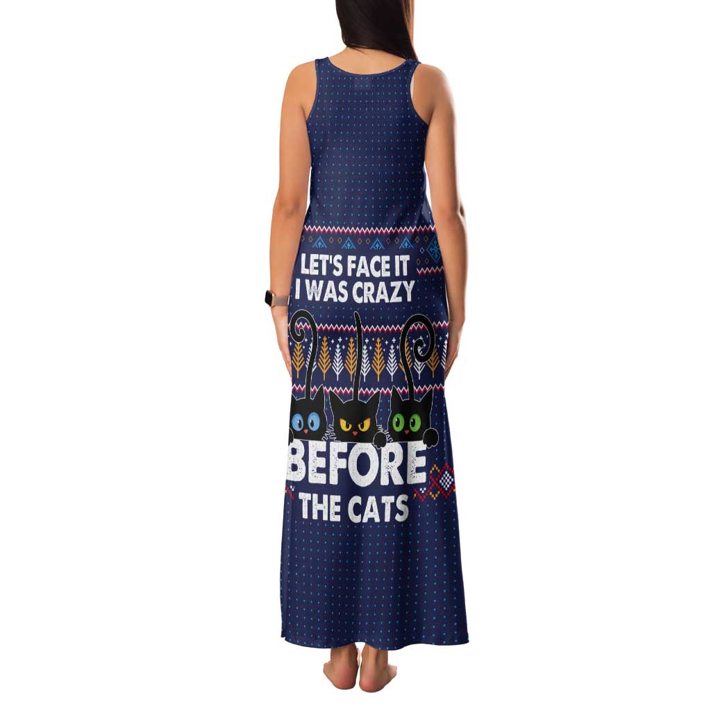 Crazy Cat Lover Tank Maxi Dress with Black Cats and Funny Quote in Blue Holiday Knit Pattern Design - Wonder Print Shop
