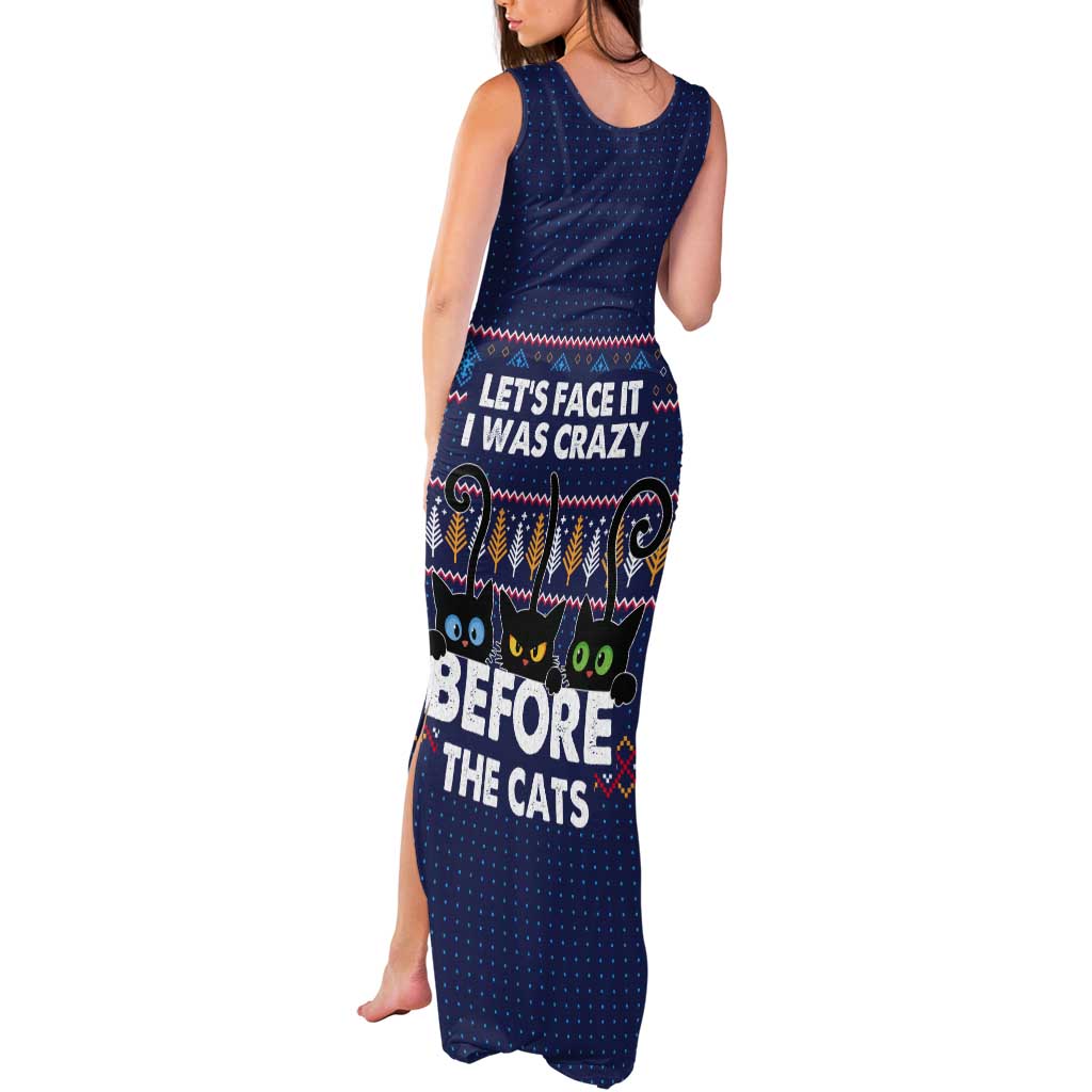 Crazy Cat Lover Tank Maxi Dress with Black Cats and Funny Quote in Blue Holiday Knit Pattern Design - Wonder Print Shop