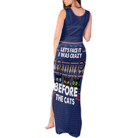 Crazy Cat Lover Tank Maxi Dress with Black Cats and Funny Quote in Blue Holiday Knit Pattern Design - Wonder Print Shop