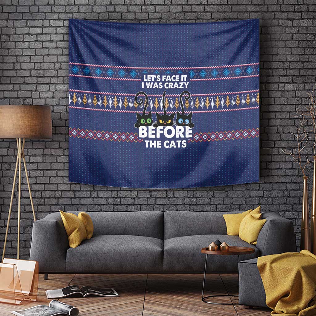 Crazy Cat Lover Tapestry with Black Cats and Funny Quote in Blue Holiday Knit Pattern Design - Wonder Print Shop