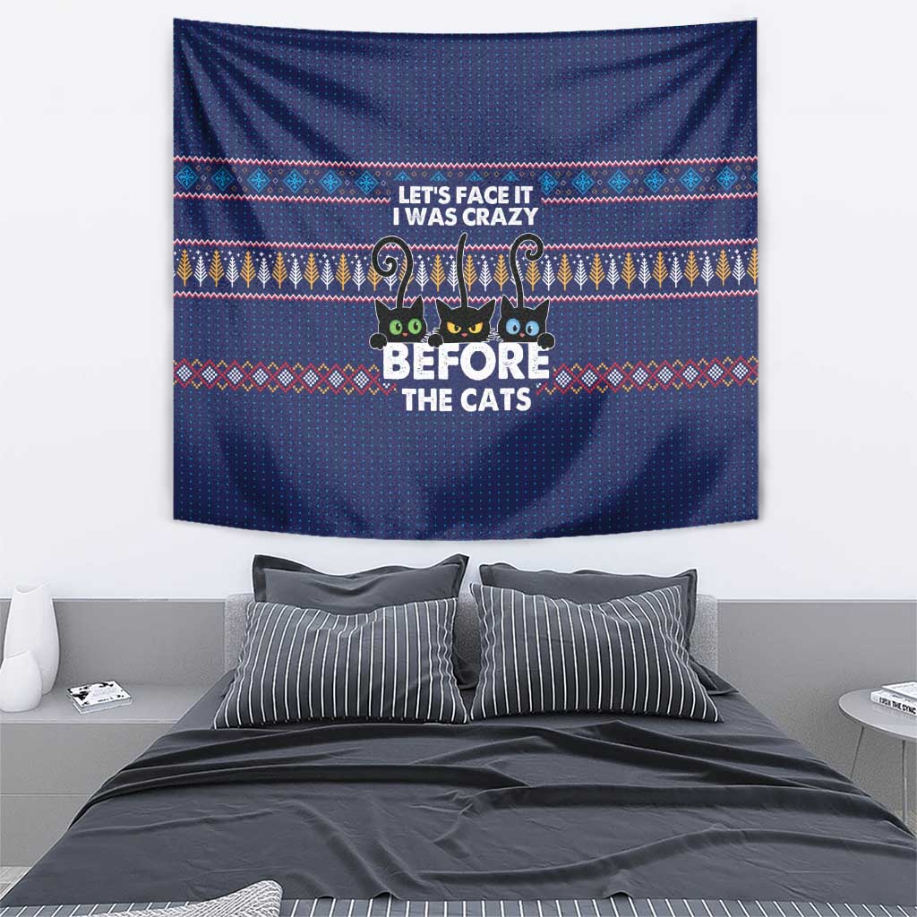 Crazy Cat Lover Tapestry with Black Cats and Funny Quote in Blue Holiday Knit Pattern Design - Wonder Print Shop