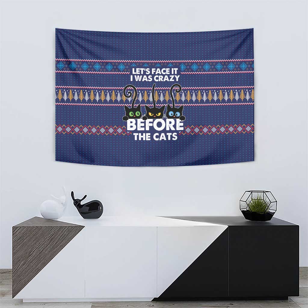 Crazy Cat Lover Tapestry with Black Cats and Funny Quote in Blue Holiday Knit Pattern Design - Wonder Print Shop