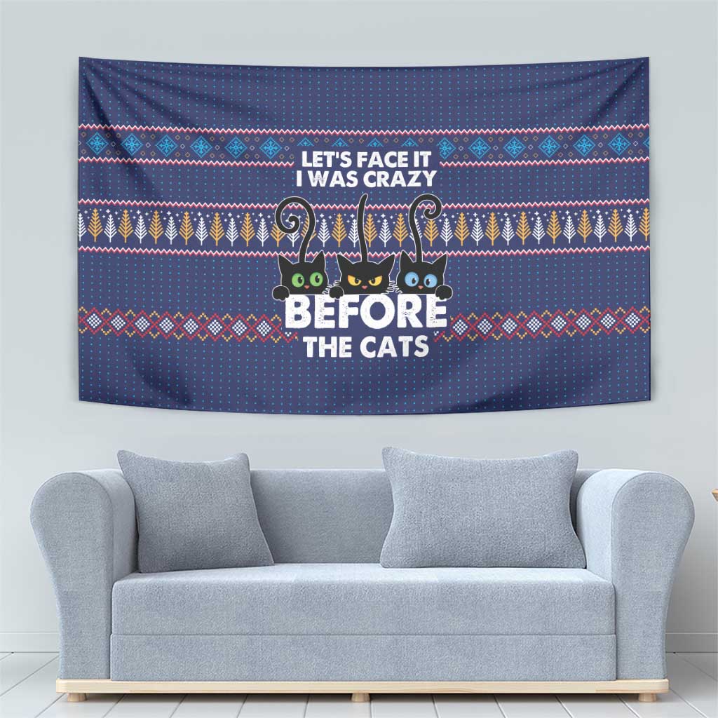 Crazy Cat Lover Tapestry with Black Cats and Funny Quote in Blue Holiday Knit Pattern Design - Wonder Print Shop