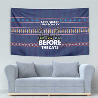 Crazy Cat Lover Tapestry with Black Cats and Funny Quote in Blue Holiday Knit Pattern Design - Wonder Print Shop