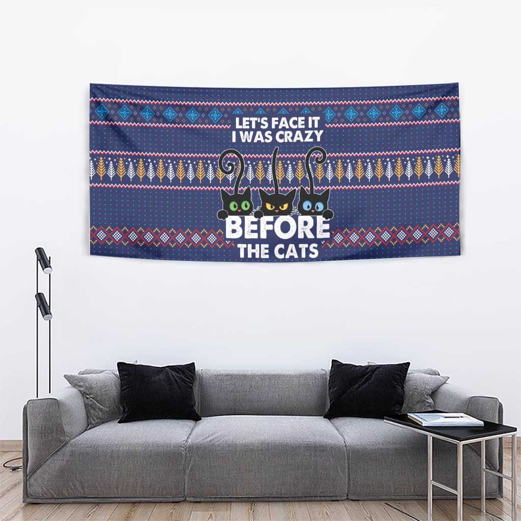 Crazy Cat Lover Tapestry with Black Cats and Funny Quote in Blue Holiday Knit Pattern Design - Wonder Print Shop