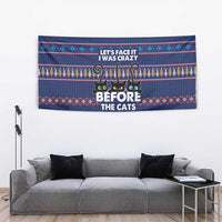 Crazy Cat Lover Tapestry with Black Cats and Funny Quote in Blue Holiday Knit Pattern Design - Wonder Print Shop