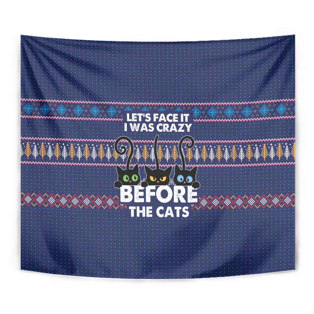 Crazy Cat Lover Tapestry with Black Cats and Funny Quote in Blue Holiday Knit Pattern Design - Wonder Print Shop