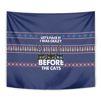 Crazy Cat Lover Tapestry with Black Cats and Funny Quote in Blue Holiday Knit Pattern Design - Wonder Print Shop