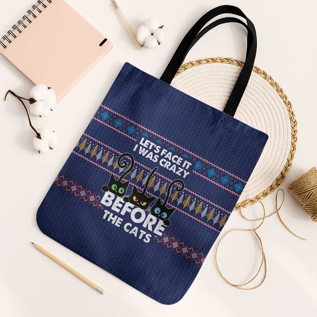 Crazy Cat Lover Tote Bag with Black Cats and Funny Quote in Blue Holiday Knit Pattern Design - Wonder Print Shop