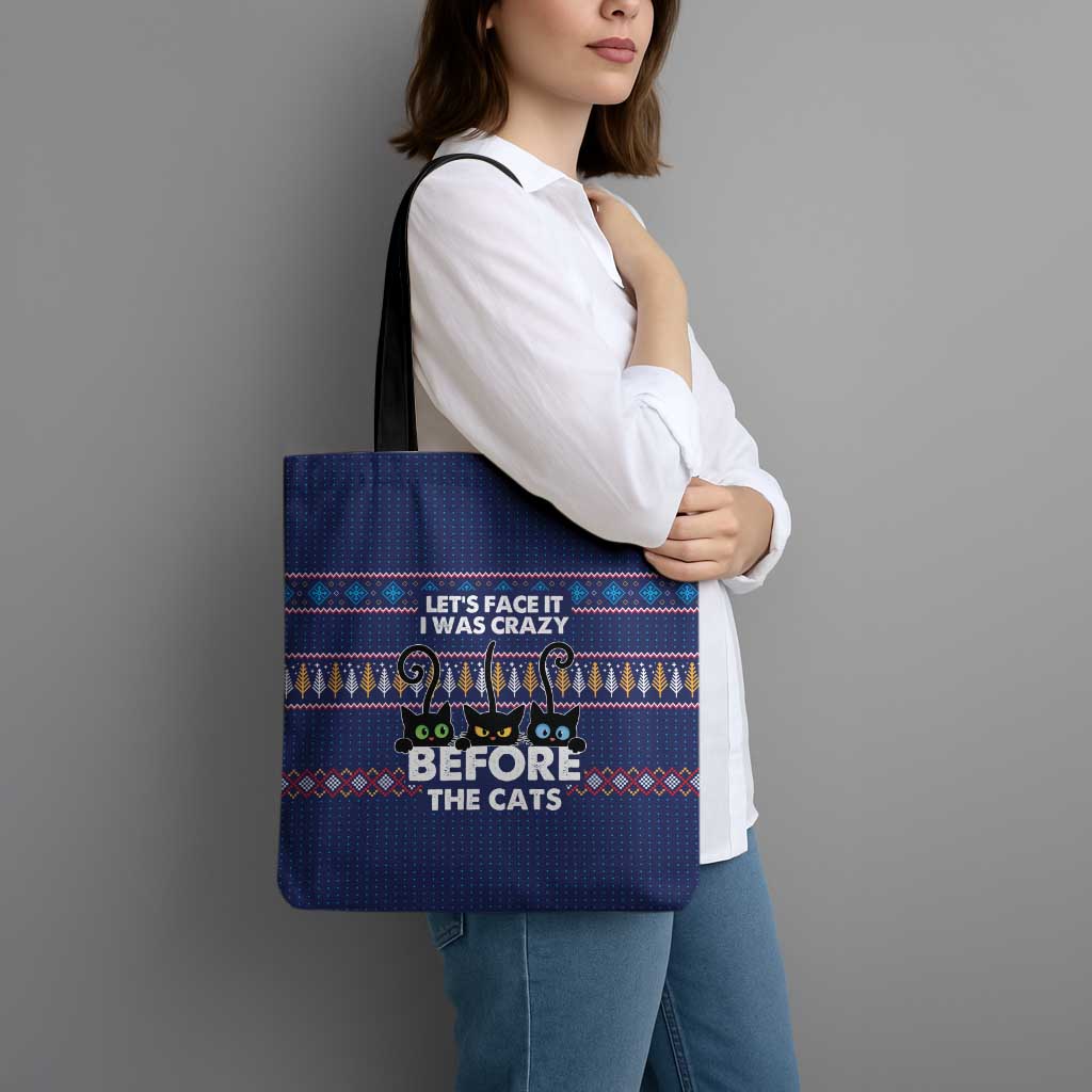 Crazy Cat Lover Tote Bag with Black Cats and Funny Quote in Blue Holiday Knit Pattern Design - Wonder Print Shop