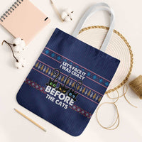 Crazy Cat Lover Tote Bag with Black Cats and Funny Quote in Blue Holiday Knit Pattern Design - Wonder Print Shop