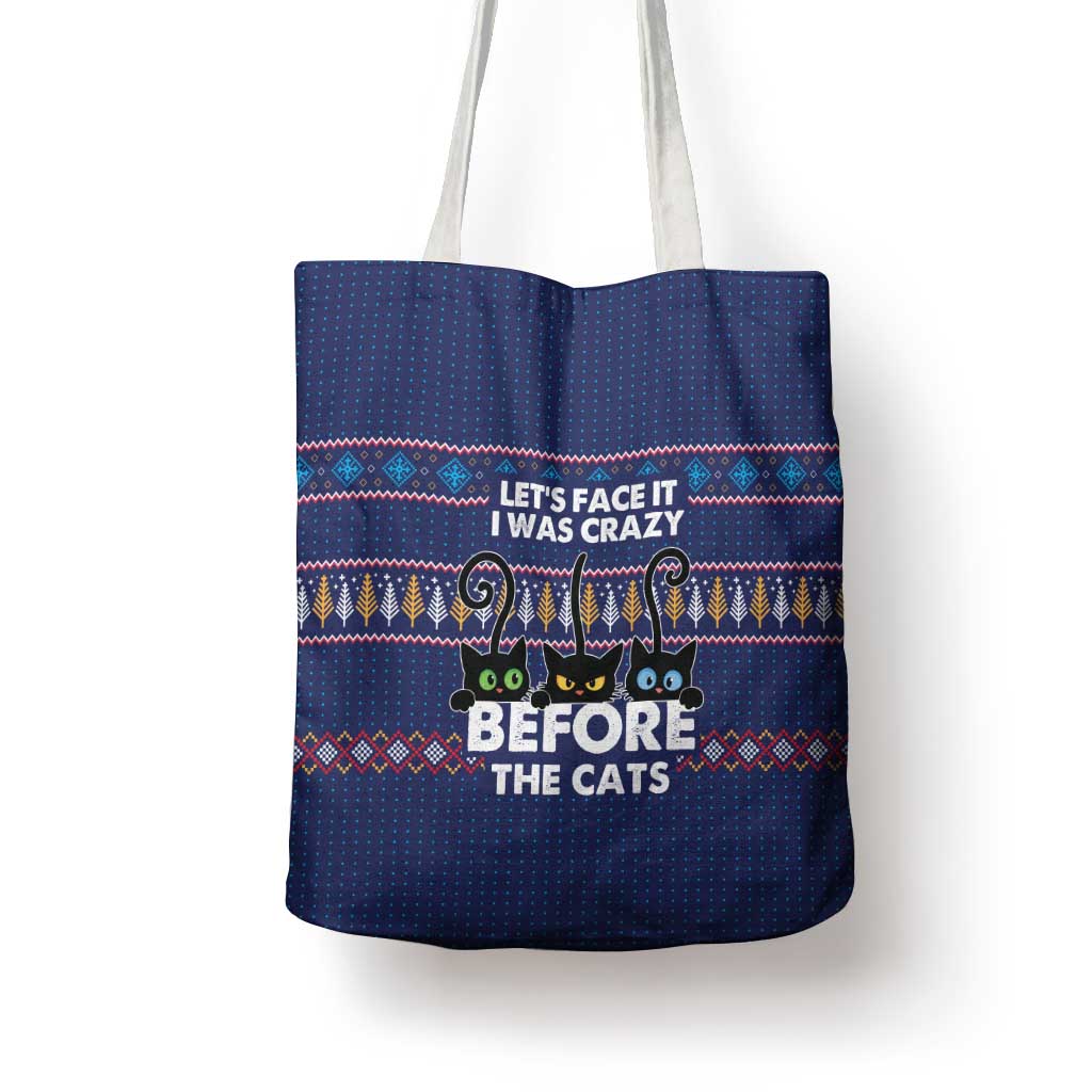 Crazy Cat Lover Tote Bag with Black Cats and Funny Quote in Blue Holiday Knit Pattern Design - Wonder Print Shop