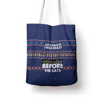 Crazy Cat Lover Tote Bag with Black Cats and Funny Quote in Blue Holiday Knit Pattern Design - Wonder Print Shop