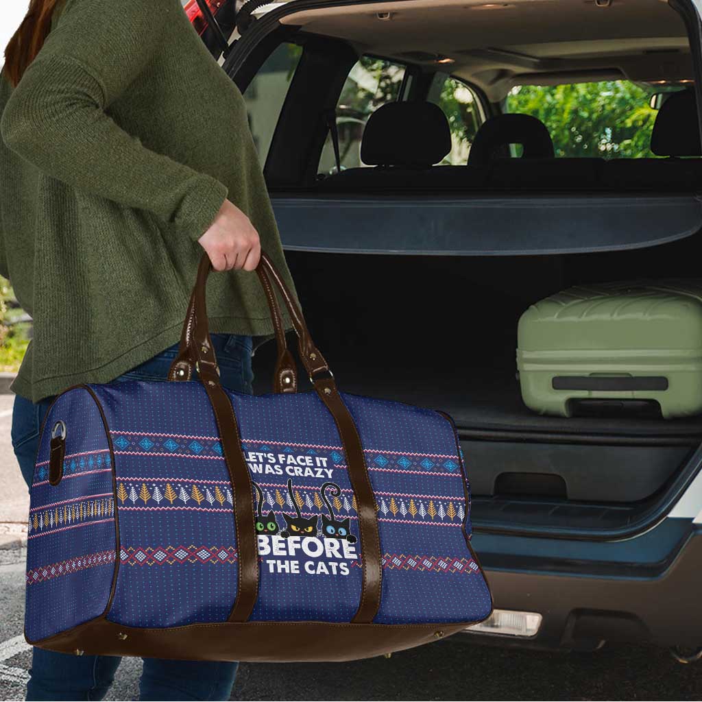 Crazy Cat Lover Travel Bag with Black Cats and Funny Quote in Blue Holiday Knit Pattern Design - Wonder Print Shop
