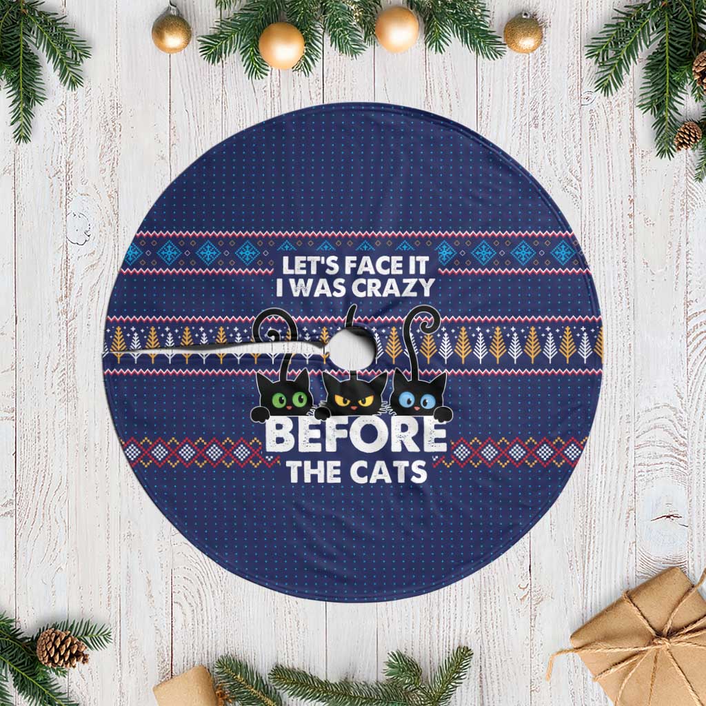 Crazy Cat Lover Tree Skirt with Black Cats and Funny Quote in Blue Holiday Knit Pattern Design - Wonder Print Shop