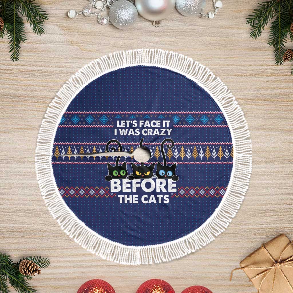 Crazy Cat Lover Tree Skirt with Black Cats and Funny Quote in Blue Holiday Knit Pattern Design - Wonder Print Shop