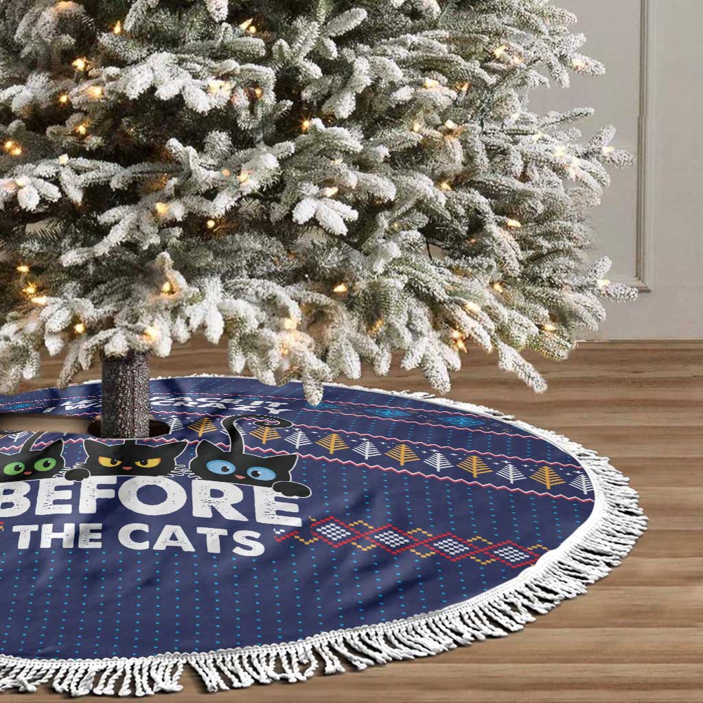 Crazy Cat Lover Tree Skirt with Black Cats and Funny Quote in Blue Holiday Knit Pattern Design - Wonder Print Shop