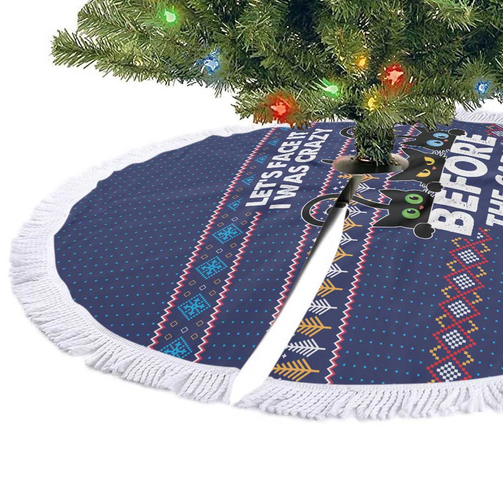 Crazy Cat Lover Tree Skirt with Black Cats and Funny Quote in Blue Holiday Knit Pattern Design - Wonder Print Shop