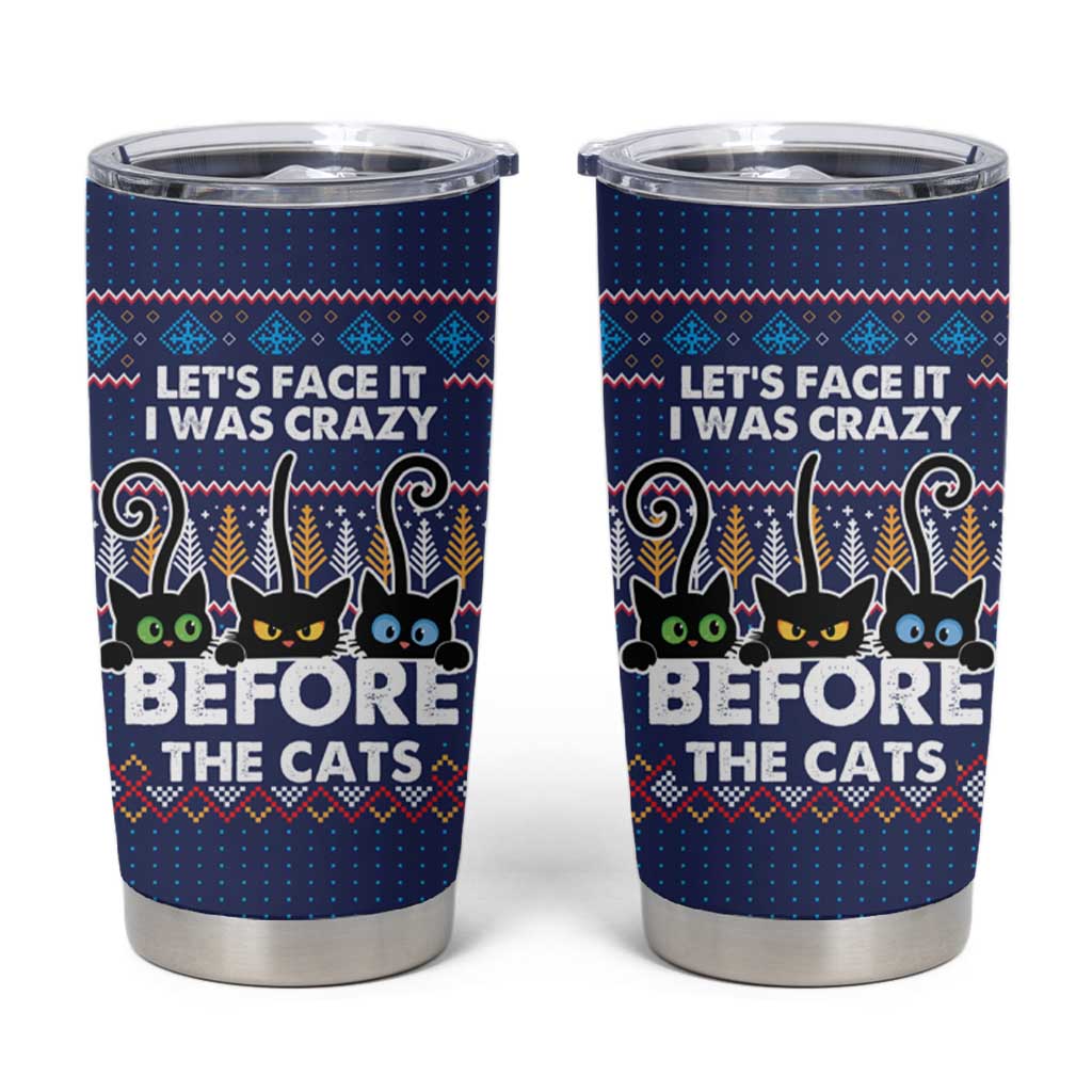 Crazy Cat Lover Tumbler Cup with Black Cats and Funny Quote in Blue Holiday Knit Pattern Design - Wonder Print Shop