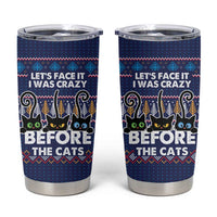 Crazy Cat Lover Tumbler Cup with Black Cats and Funny Quote in Blue Holiday Knit Pattern Design - Wonder Print Shop