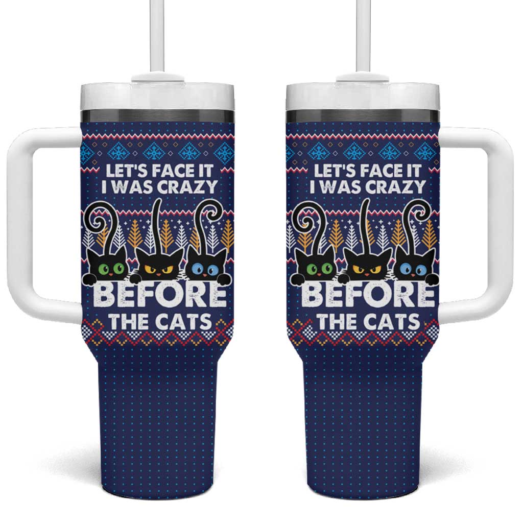 Crazy Cat Lover Tumbler With Handle with Black Cats and Funny Quote in Blue Holiday Knit Pattern Design - Wonder Print Shop