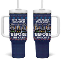 Crazy Cat Lover Tumbler With Handle with Black Cats and Funny Quote in Blue Holiday Knit Pattern Design - Wonder Print Shop