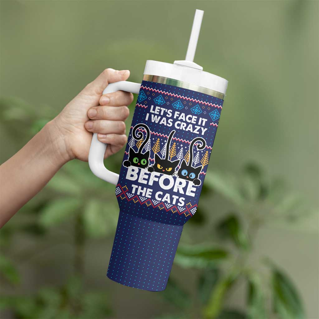 Crazy Cat Lover Tumbler With Handle with Black Cats and Funny Quote in Blue Holiday Knit Pattern Design - Wonder Print Shop