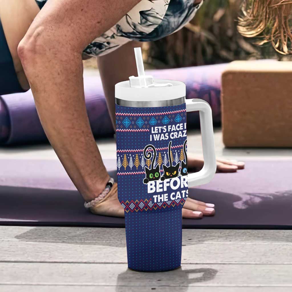 Crazy Cat Lover Tumbler With Handle with Black Cats and Funny Quote in Blue Holiday Knit Pattern Design - Wonder Print Shop