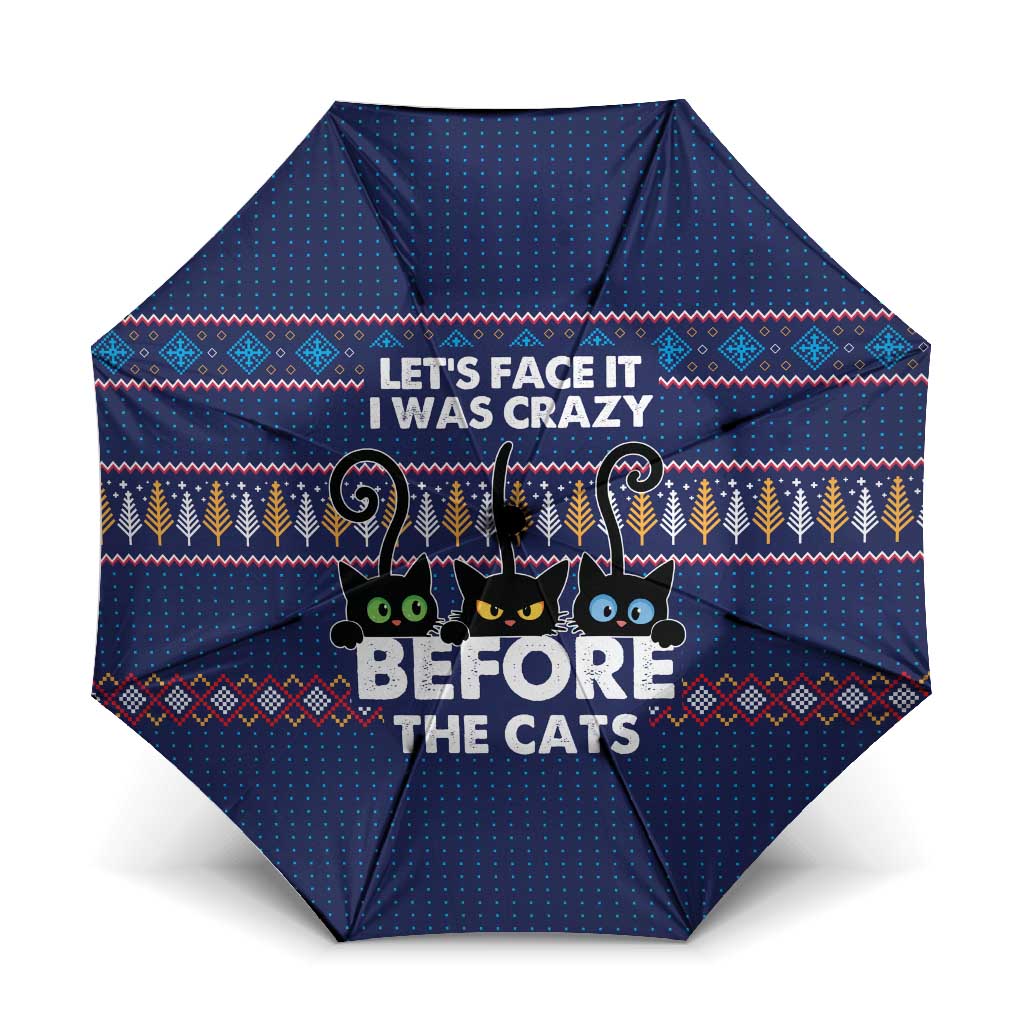 Crazy Cat Lover Umbrella with Black Cats and Funny Quote in Blue Holiday Knit Pattern Design - Wonder Print Shop