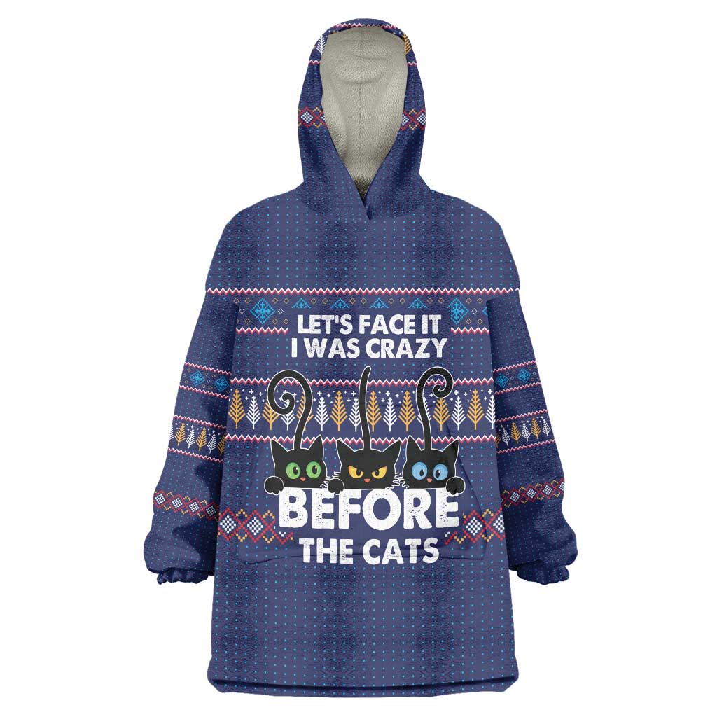 Crazy Cat Lover Wearable Blanket Hoodie with Black Cats and Funny Quote in Blue Holiday Knit Pattern Design - Wonder Print Shop