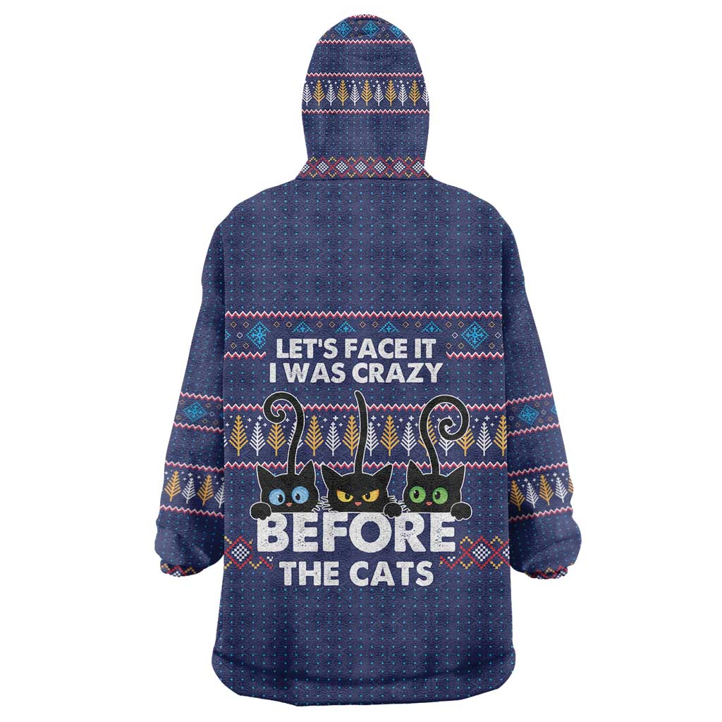 Crazy Cat Lover Wearable Blanket Hoodie with Black Cats and Funny Quote in Blue Holiday Knit Pattern Design - Wonder Print Shop