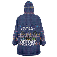 Crazy Cat Lover Wearable Blanket Hoodie with Black Cats and Funny Quote in Blue Holiday Knit Pattern Design - Wonder Print Shop