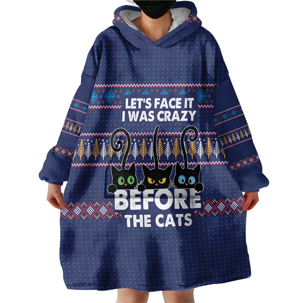 Crazy Cat Lover Wearable Blanket Hoodie with Black Cats and Funny Quote in Blue Holiday Knit Pattern Design - Wonder Print Shop