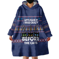 Crazy Cat Lover Wearable Blanket Hoodie with Black Cats and Funny Quote in Blue Holiday Knit Pattern Design - Wonder Print Shop