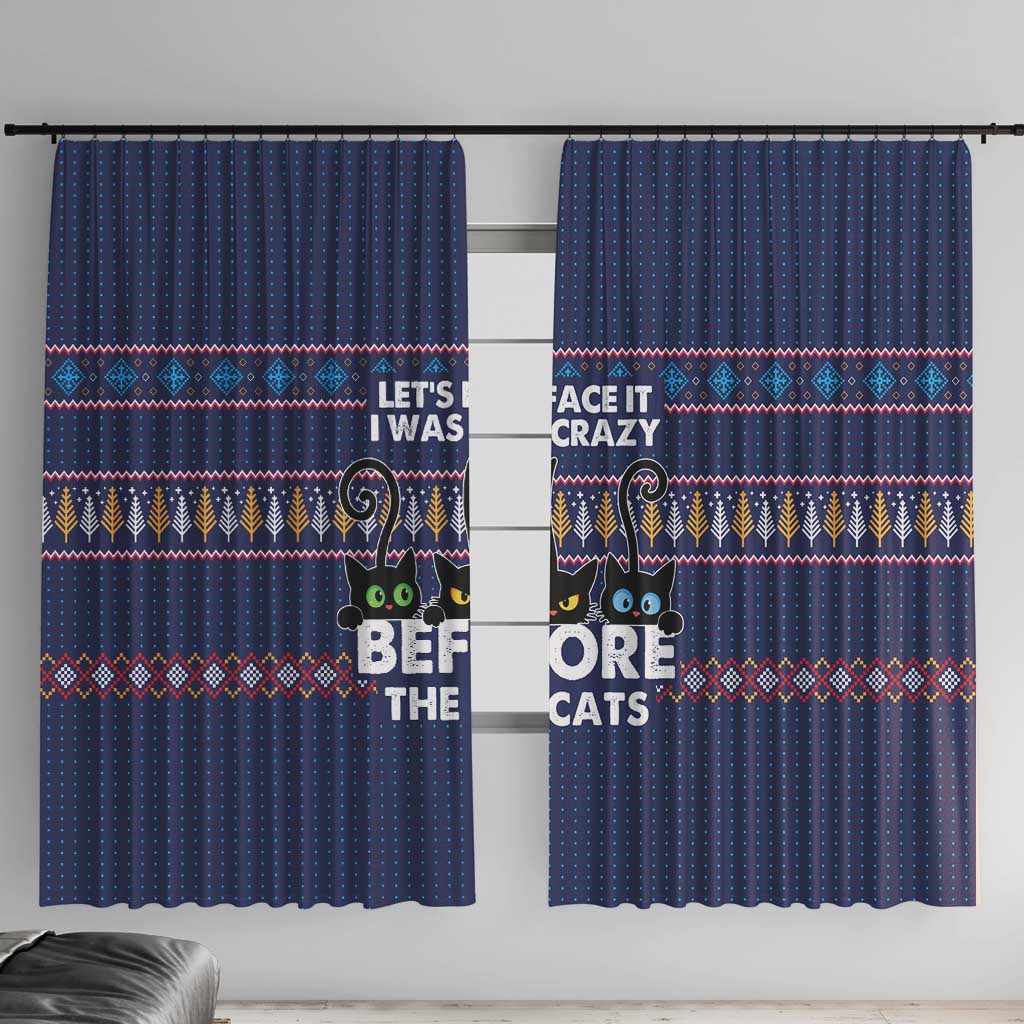 Crazy Cat Lover Window Curtain with Black Cats and Funny Quote in Blue Holiday Knit Pattern Design - Wonder Print Shop
