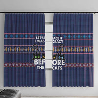 Crazy Cat Lover Window Curtain with Black Cats and Funny Quote in Blue Holiday Knit Pattern Design - Wonder Print Shop