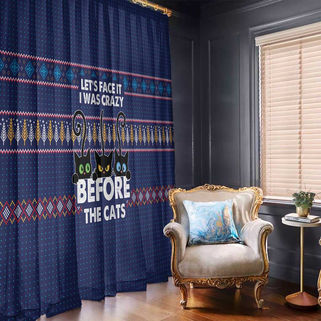 Crazy Cat Lover Window Curtain with Black Cats and Funny Quote in Blue Holiday Knit Pattern Design - Wonder Print Shop