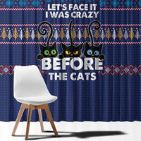 Crazy Cat Lover Window Curtain with Black Cats and Funny Quote in Blue Holiday Knit Pattern Design - Wonder Print Shop