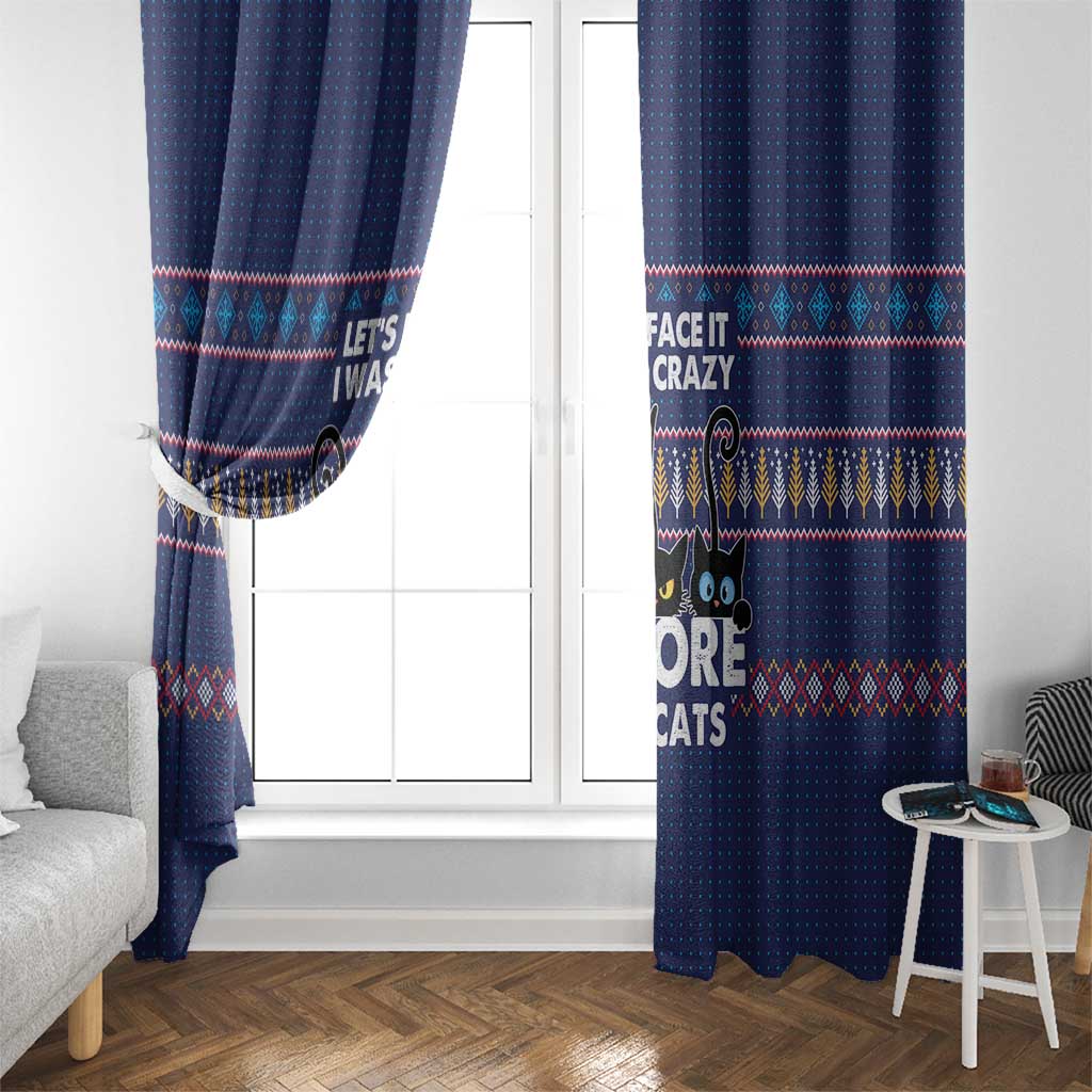 Crazy Cat Lover Window Curtain with Black Cats and Funny Quote in Blue Holiday Knit Pattern Design - Wonder Print Shop